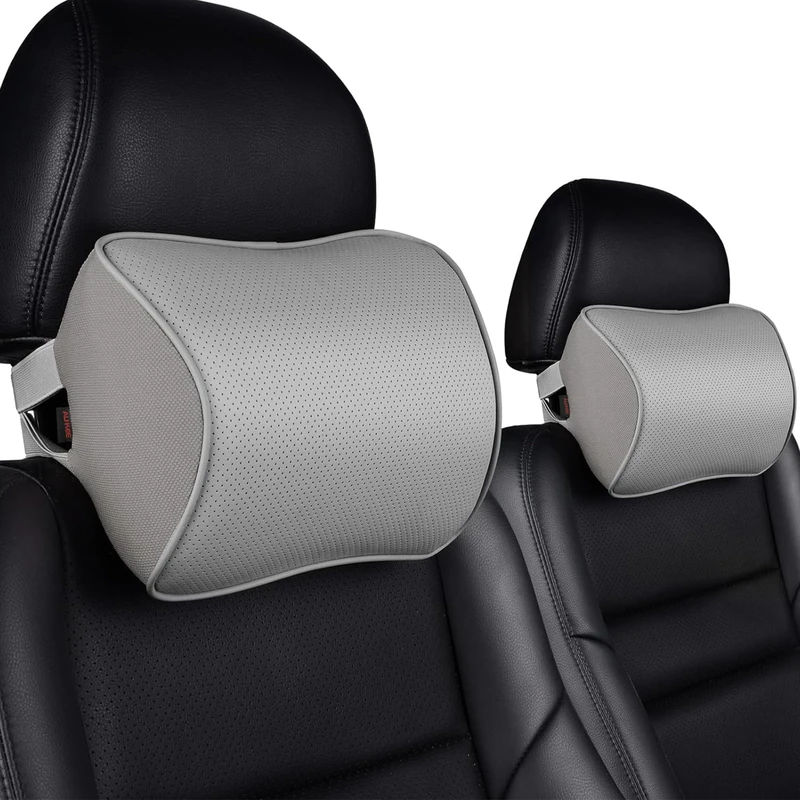 au-kee Memory Foam Car Neck Pillow Soft Leather Car Headrest for Driving Home Office Gray (Pack of 2)