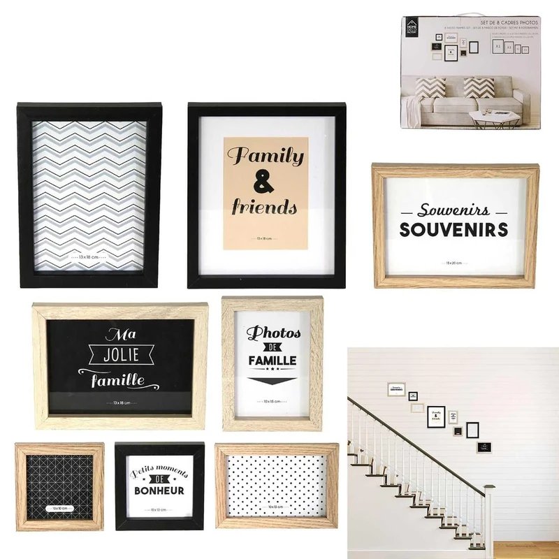 THE HOME DECO FACTORY - Marcos de Fotos, Madera + PVC, Negro/Blanco/Marrón, 22,2 x 2 x 27,3 cm, Juego de 8 - Image 1
