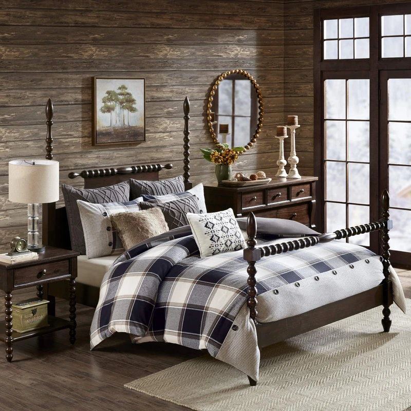 Madison Park All Season Bedding Combo Filled Insert and Removable Duvet Cover, Matching Shams, Decorative Pillows, Cotton, Urban Cabin, Plaid Brown, Queen