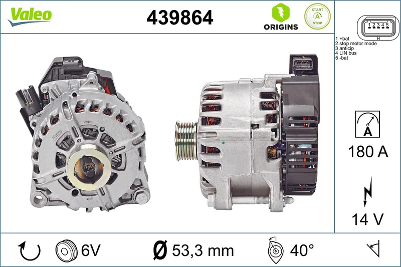 VALEO 439864 Alternator Alternator Charge current: 210 Amp Grooves: 6 grooves Pulley diameter: 53,3 mm Voltage: 14 V Rotation direction: CLOCKWISE