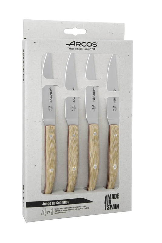 Arcos Series Table Knives - Table Knife Set 4 Pieces (Steak Knives) - Blade Nitrum Stainless Steel 4" - Handle Rosewood - Light Brown Color