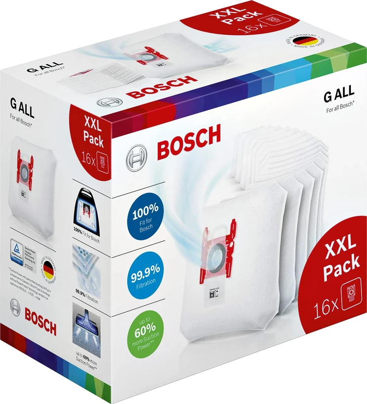 Bosch 16 x Vacuum Cleaner Bags Type G All BBZ16GALL, 99.9% Fine Dust Filtering, Higher Cleaning Performance, 50% Longer Service Life, Suitable for All Series Outside BSG8, BSN1