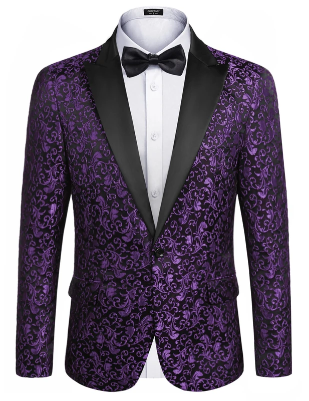 Coofandy Mens Floral Blazer Suit Jacket Dinner Party Prom Wedding Stylish Tuxedo, 1- Purple, XXL