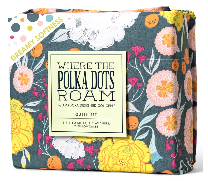 Where the Polka Dots Roam Microfiber Queen Sheets Set – Floral on Gray, Stain- & Wrinkle-Resistant, Cooling Sheets for Queen Bed – Soft 90 GSM Flat & Fitted Microfiber Sheets with 2 Pillow Cases - Image 1