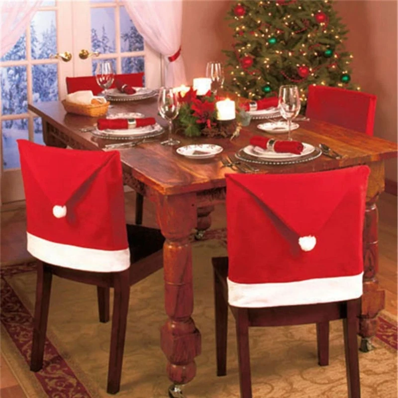 50pcs Christmas Theme Red Chair Cover Santa Hat Xmas Pom Party Bar Pub Restaurant Dinner Seat Dining Decoration Cover - Image 1