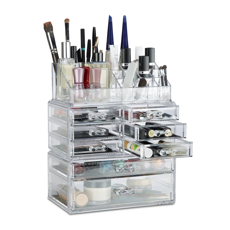 Relaxdays Makeup Organizer with Drawers, Stacking Makeup and Jewellery Box, Acrylic Cosmetic Kit, Transparent