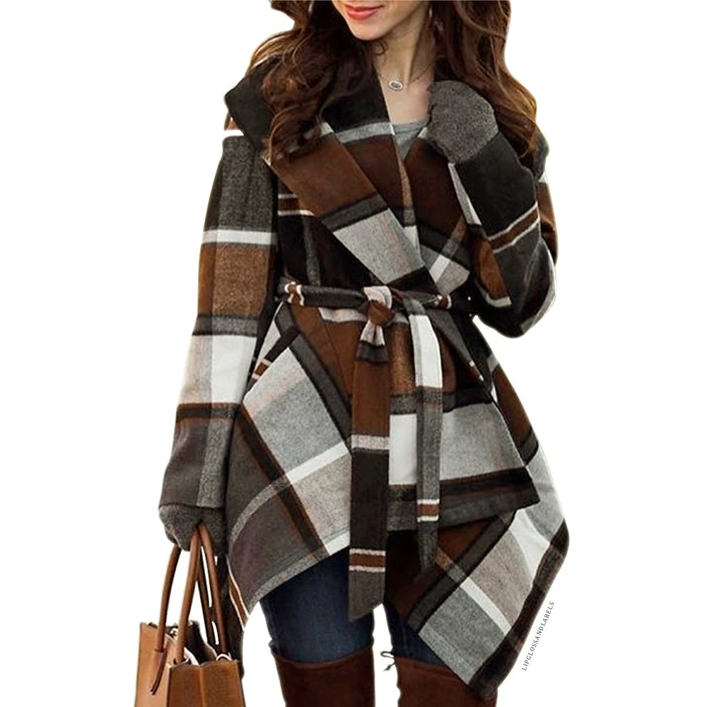 Chicwish Women's Turn Down Shawl Collar Open Front Earth Tone Check Asymmetric Hemline Wool Blend Coat Brown