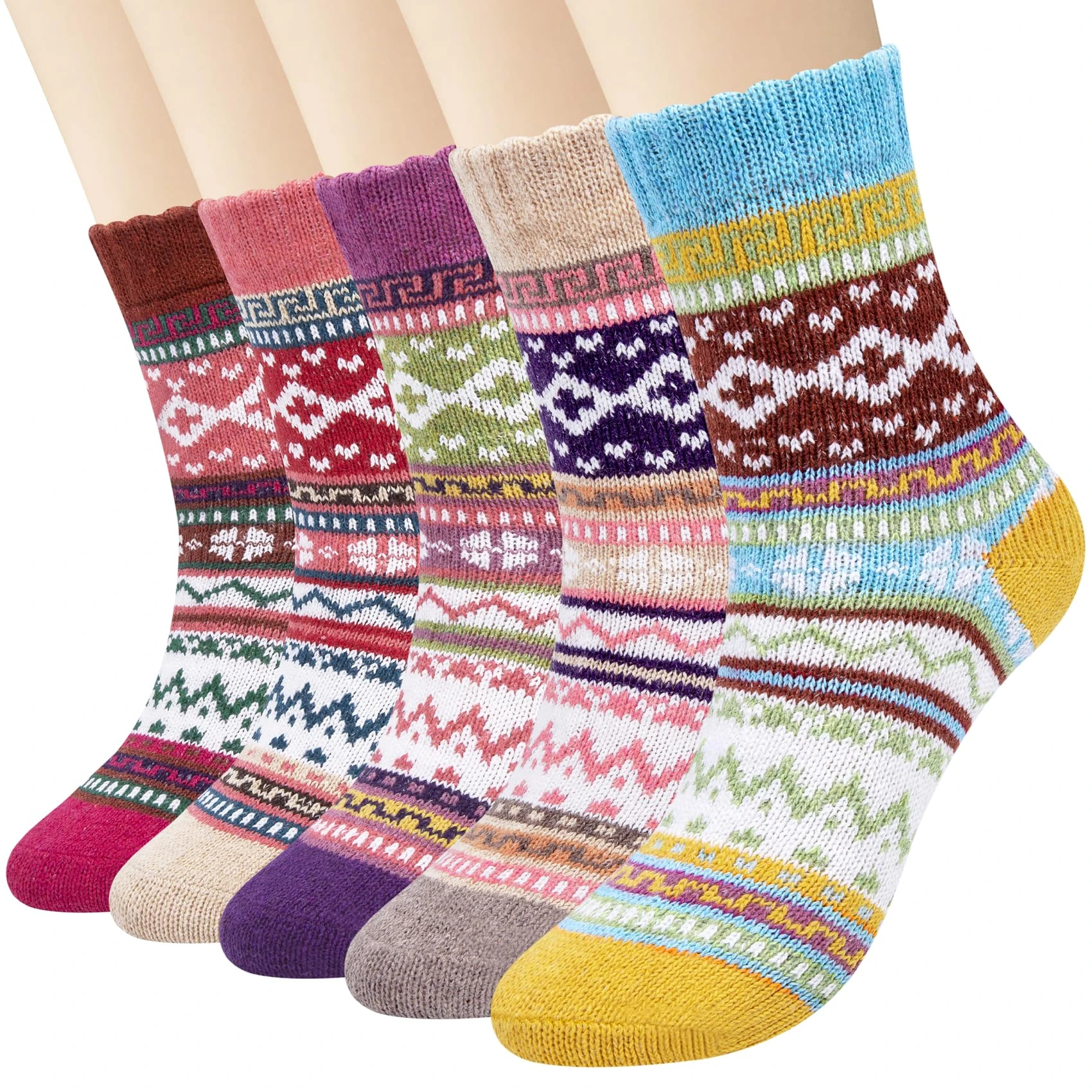 5 Pairs Womens Socks Wool Thermal Warm Knitting Ladies Socks for Winter, One Size, Mix 3