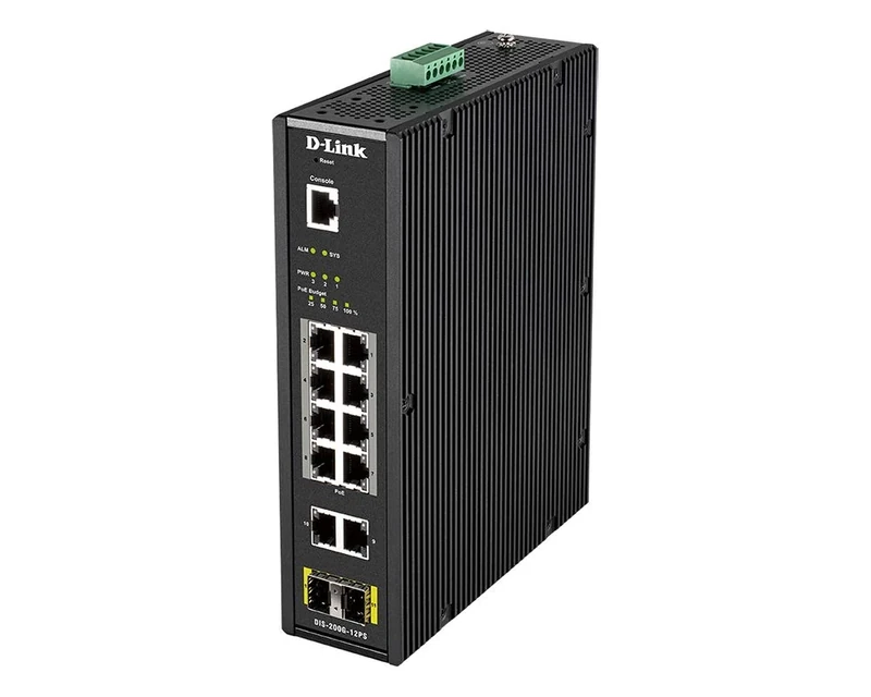 D-Link DIS-200G-12PS Industrial Switch 12 Ports 10 Gigabit 8 PoE 240W and 2 SFP for Extreme Conditions -40°C to 65°C ERPS, VLAN, QoS, IGMP, Link Aggregation Black