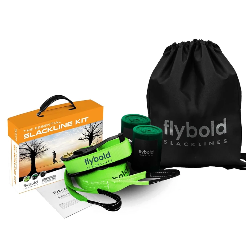 flybold Slackline Kit with Tree Protectors 57 feet Easy Set up Instruction Booklet and Carry Bag Set Outdoor Fun for Family Adults Children Kids