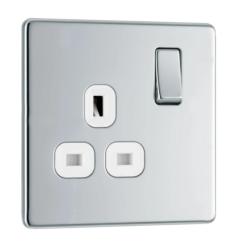 BG Electrical Single Switched Power Plug Wall Socket, Screwless Front Plate, Slim Profile, Premium Flatplate, Polished Chrome, White Inserts, 13A, FPC21W