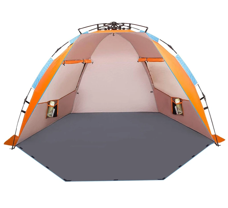Oileus X-Large 4 Person Beach Tent Sun Shelter - Portable Sun Shade Instant Tent for Beach with Carrying Bag, Stakes, 6 Sand Pockets, Anti UV for Fishing Hiking Camping, Waterproof Windproof, Orange