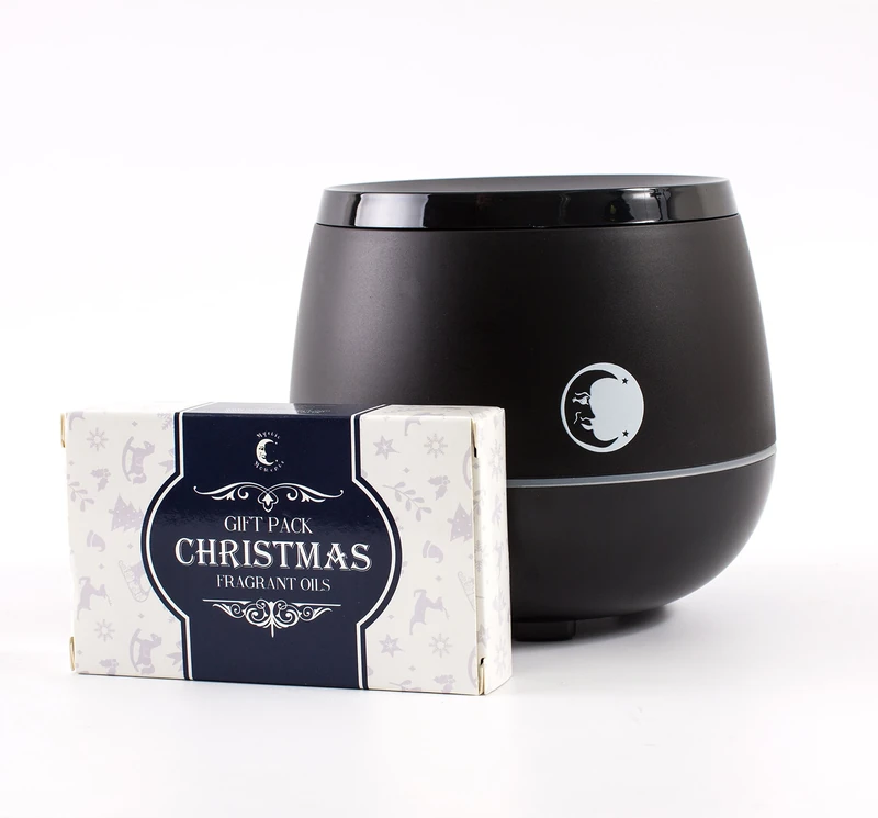 Mystic Moments | Black Aromatherapy Oil Ultrasonic Diffuser With Bluetooth Speaker & LED Lights + Christmas Fragrant Oil Gift Starter Pack