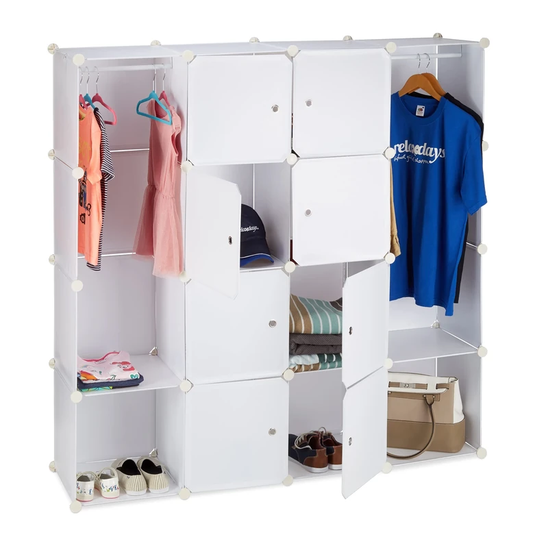 Relaxdays Modular Wardrobe, 12 Compartments, Plastic Closet, Shoe Cabinet 145.5 x 145.5 cm, White