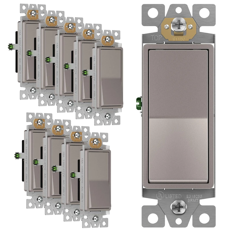 Enerlites Light Switch On/Off Paddle Wall Switch 91150-NK | 15 Amp, 120V/277V, AC, Single Pole, 3 Wire, Grounding Screw, Residential Graded Light Switch, UL Listed | Nickel - 10 Pack