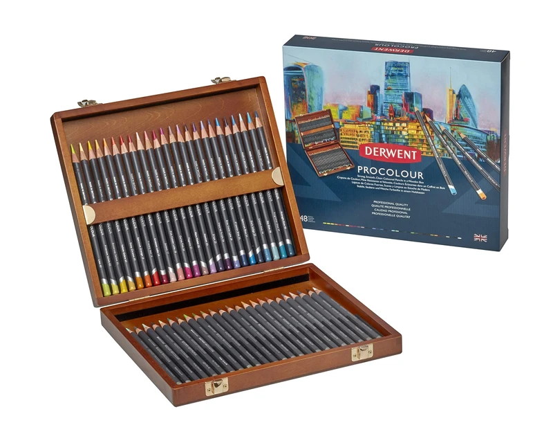 Derwent Procolour Colouring Pencils Set Of 48 In Wooden Gift Box, 4mm Round Core, Premium Core Strength, Smooth Texture, Ideal For Fine Art Drawing & Colouring, Professional Quality, 2302523