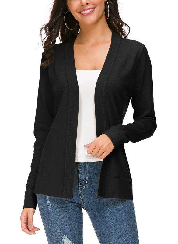 Urban CoCo Women's Long Sleeve Open Front Knit Cardigan Sweater, Black, Large