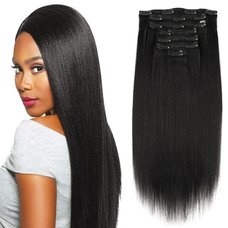 Sassina Real Thick Yaki Straight Clip in Human Hair Extensions Full Head Natural Black Yaki Clip in Hair Extensions for Black Women 20inch 7 Pieces/Set 120 Grams