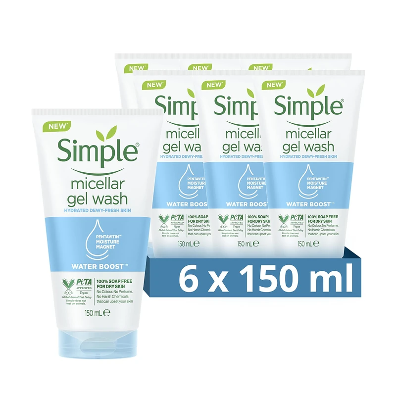 Simple Water Boost Micellar Gel Face Wash - 100% Soap-Free Face Cleanser, deeply hydrates dry & sensitive skin for a revitalised & dewy complexion 6x 150 ml