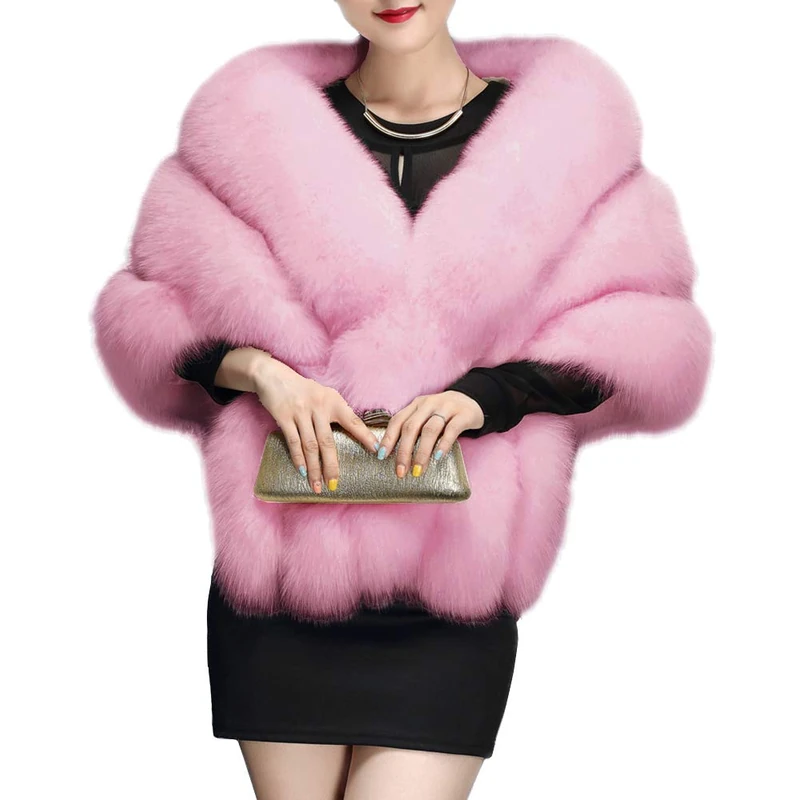 UMREN Women's Luxury Party Faux Fox Fur Long Shawl Cloak Cape for Winter Light Pink, Light Pink, One Size