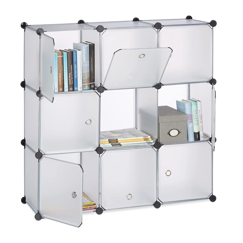 Relaxdays Shelving System with Doors, Plastic Divider, Standing Shelf with 9 Compartments, 95 x 95 x 35 cm, Transparent