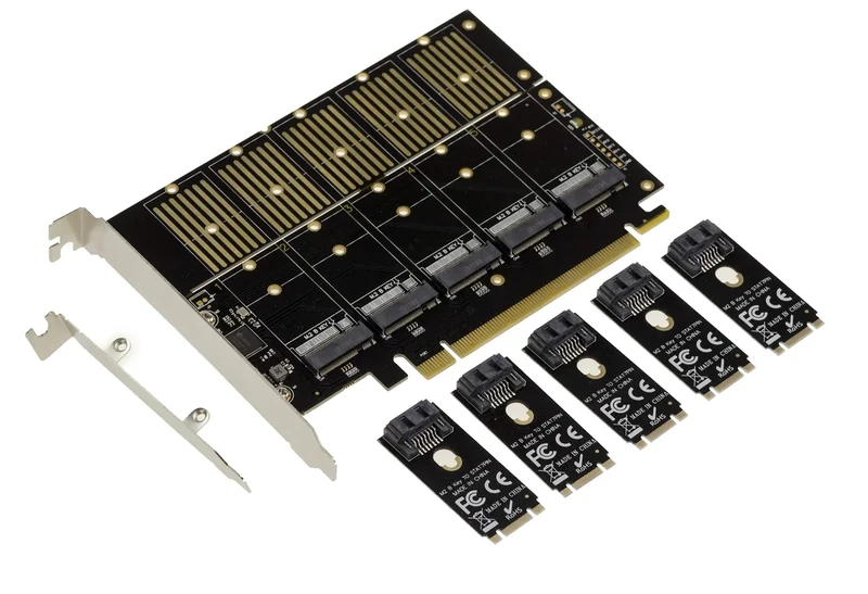 KALEA-INFORMATIQUE PCIe 3.1 x16 controller card for 5 M2 SSDs (M.2 NGFF B Key or B+M Key SATA) or SATA hard drives. High Low Profile with JMB585 Chipset