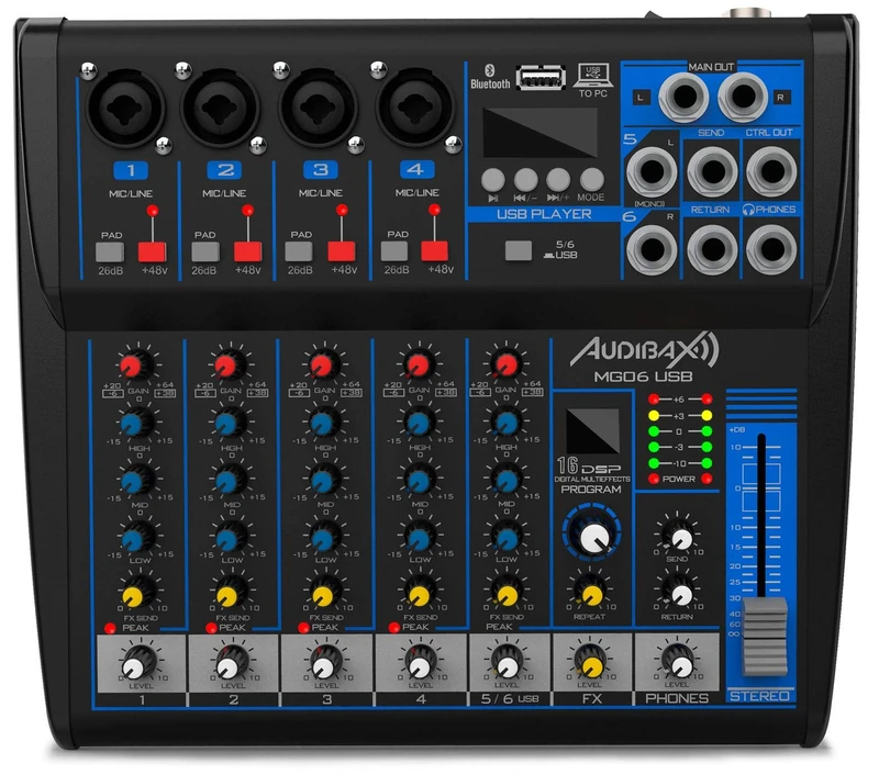 Audibax MG06 USB - Sound Mixer - 6 Channel Audio Mixer - USB Interface Player and Recorder - Bluetooth and MP3 Connection - DSP Multi-Effects - 48 V Phantom Power Supply