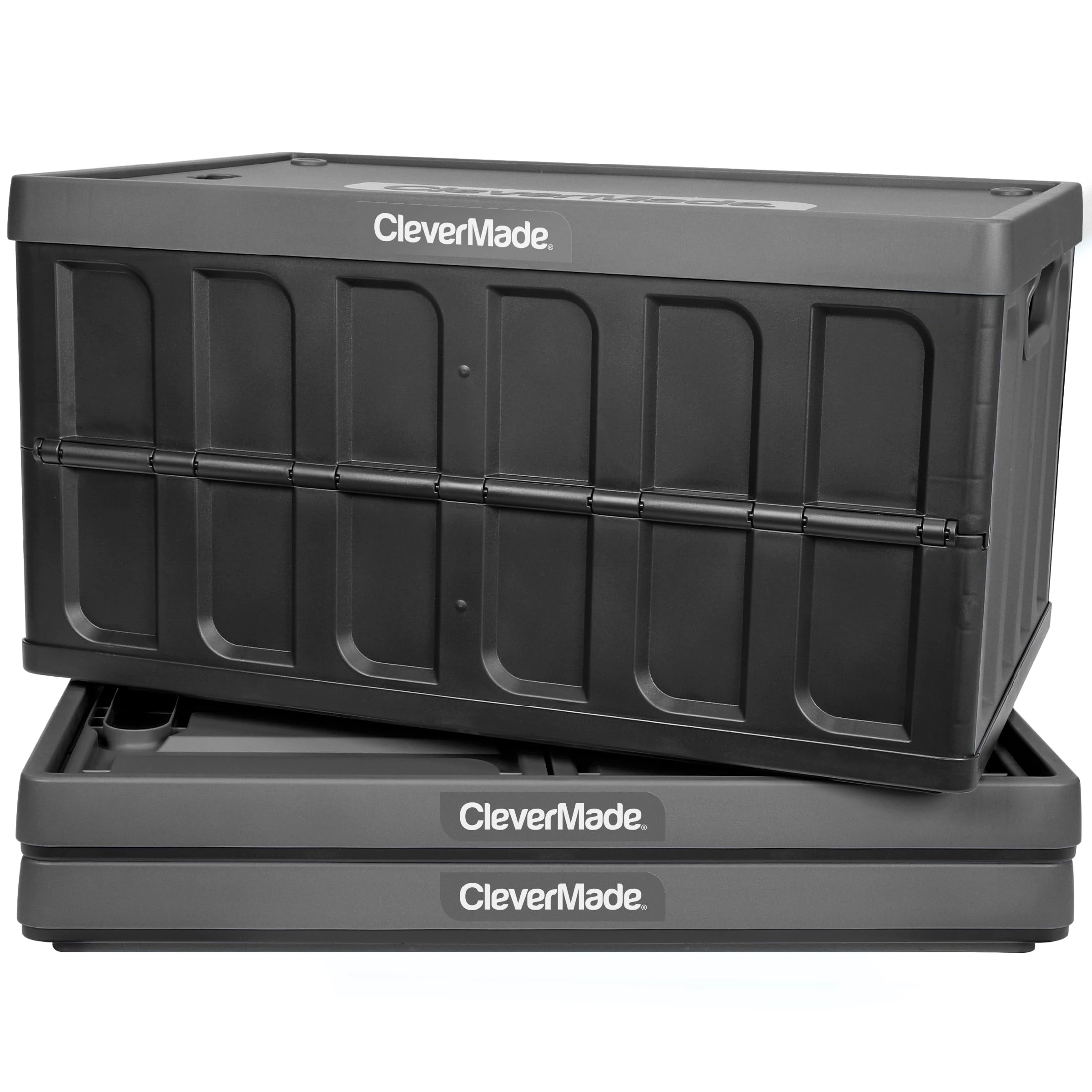 CleverMade Collapsible Storage Bin (With Lid), Charcoal, 3PK - 62L (16 Gal) Folding Plastic Stackable Utility Crates, Holds 100lbs Per Bin - Solid Wall CleverCrates for Organizing, Storage, Moving
