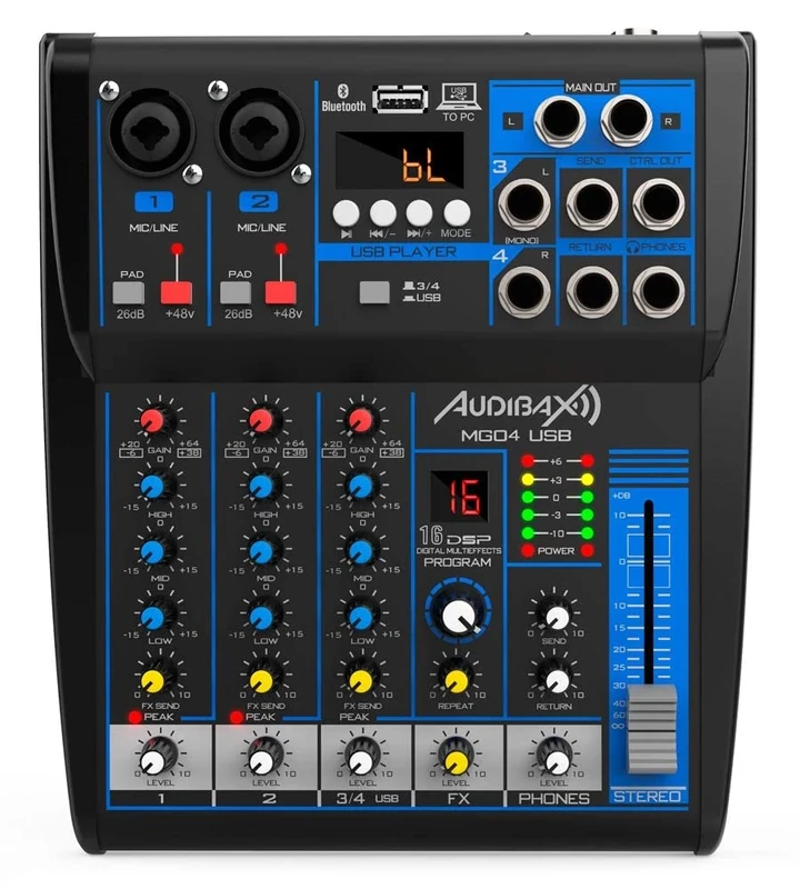 Audibax MG04 USB - Sound Mixer - 4 Channel Audio Mixer - USB Interface Player and Recorder - Bluetooth and MP3 Connection - DSP Multi-Effects - 48 V Phantom Power Supply