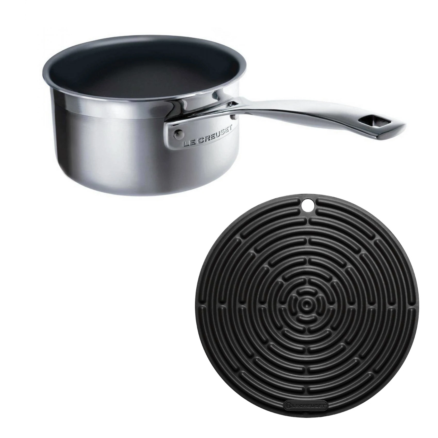 Le Creuset 3-Ply Stainless Steel Non-Stick Milk Pan, 14 cm and Silicone Cool Tool, Black