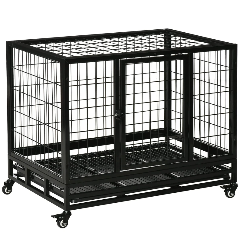 PawHut 36" Heavy Duty Metal Dog Crate Pet Cage with Tray Wheeled Dog Kennel - Black (Medium)