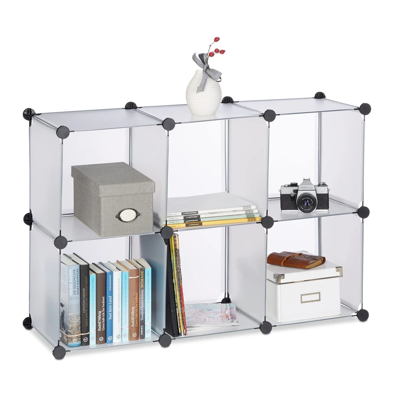 Relaxdays Shelving System with 6 Compartments, Open Standing Shelf, Modular Plastic Wardrobe, H x W x D: 65 x 96 x 32 cm, Transparent