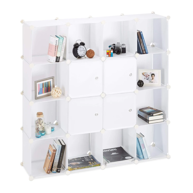 Relaxdays Plastic Modular Shelf, Expandable 16 Compartment Wardrobe System, DIY, 127x127x31.5 cm, White