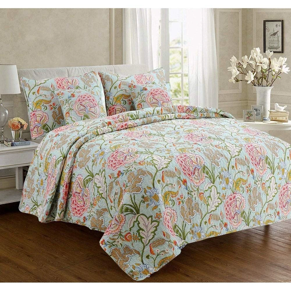 Cozy Line Home Fashions Blooming Red White Floral 100% Cotton Reversible Quilt Bedding Set, Coverlet Bedspread (Camellia Green, Queen - 3 Piece)