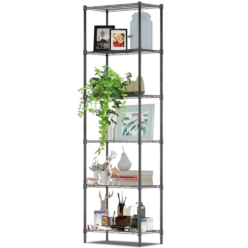 BATHWA Shelving Units Bathroom Shelf Metal Shelving Unit Free Sanding Shelves 6-Tier Standing Shelf Units Storage shelves Free Standing Rack Wire Shelving Unit,Heavy Duty Garage Shelving, Black