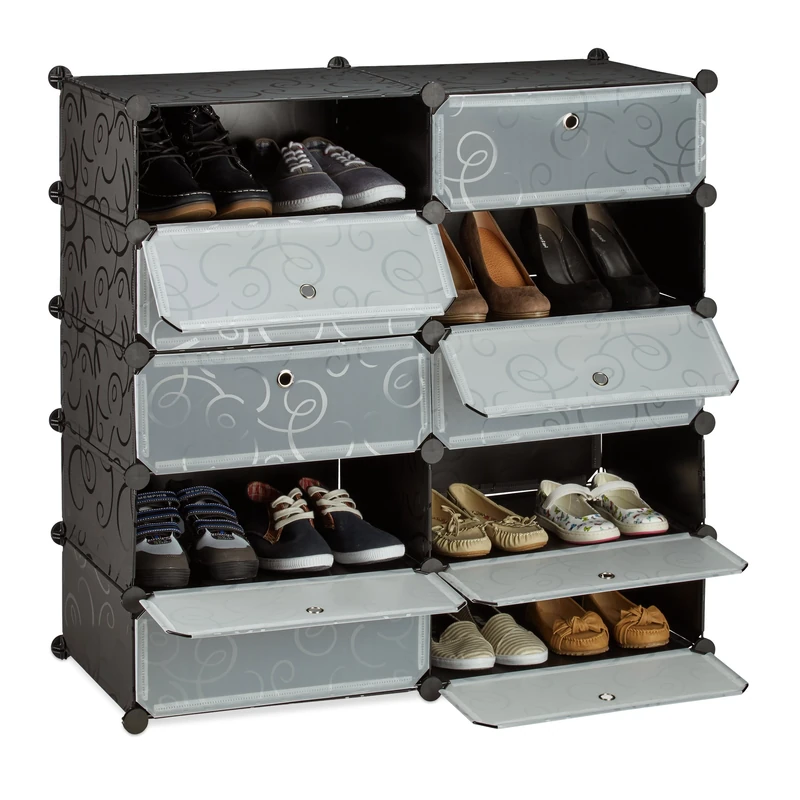 Relaxdays 10 Tier Shoe Rack, Large Shoe Cabinet, Plastic Shoe Organizer, Space-Saver, H x W x D: app. 90 x 94 x37 cm, Black