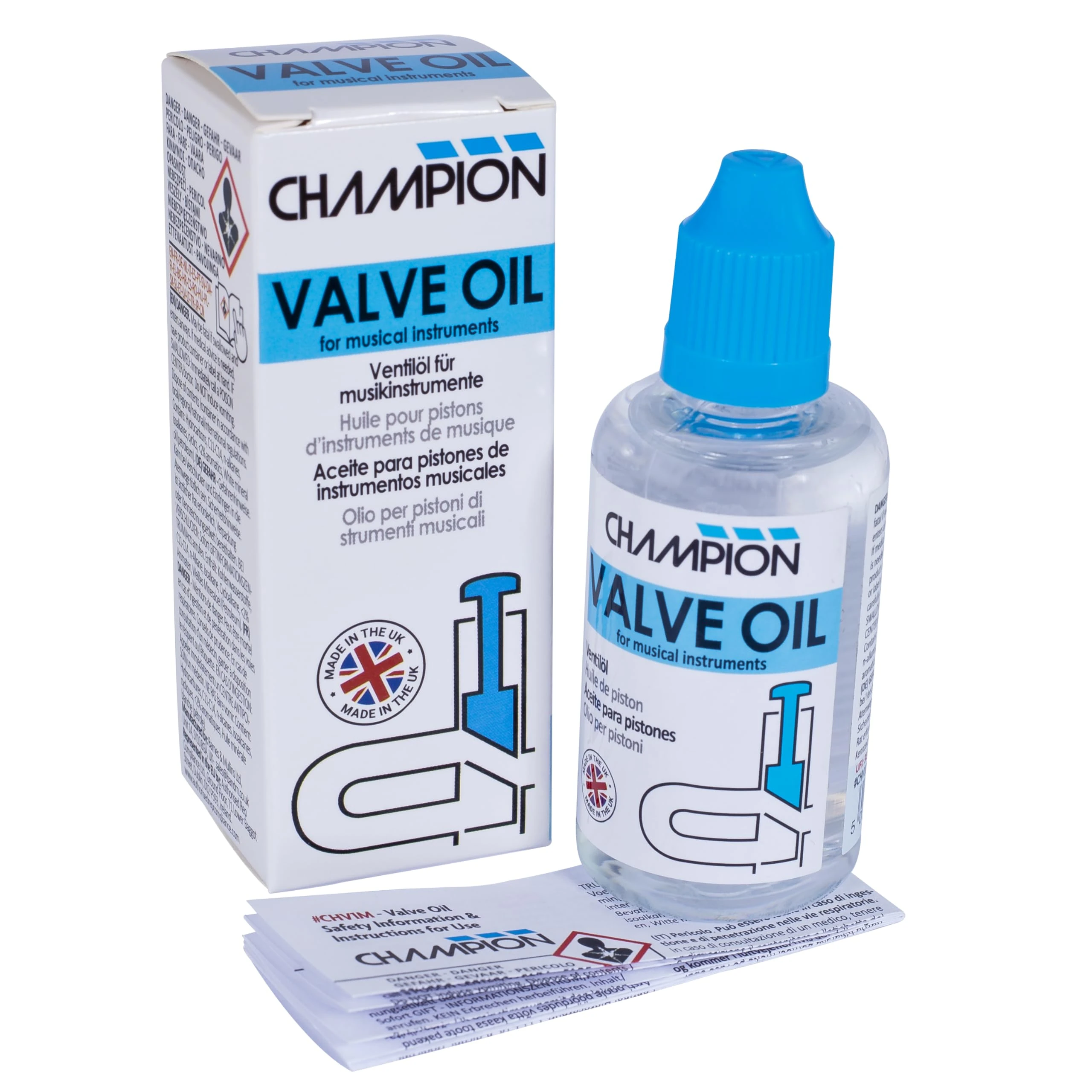 Champion Valve Oil (50ml) for Cornet, Trumpet, Flugelhorn, Tenor Horn, Trombone, Baritone Horn, French Horn, Euphonium, Tuba. Valve and Rotor Lubrication for Brass Musical Instruments. Made In The UK