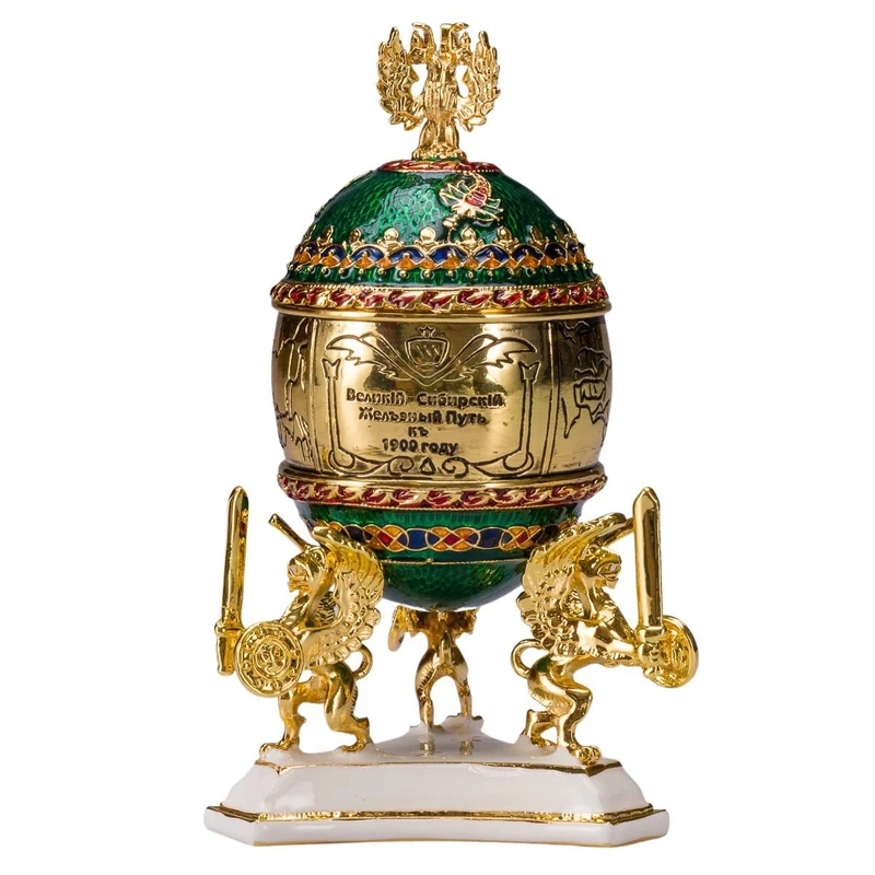 danila-souvenirs Glamorous Style Trans-Siberian Railway Easter Egg Trinket Jewel Box with train 12,5 cm green - Image 1