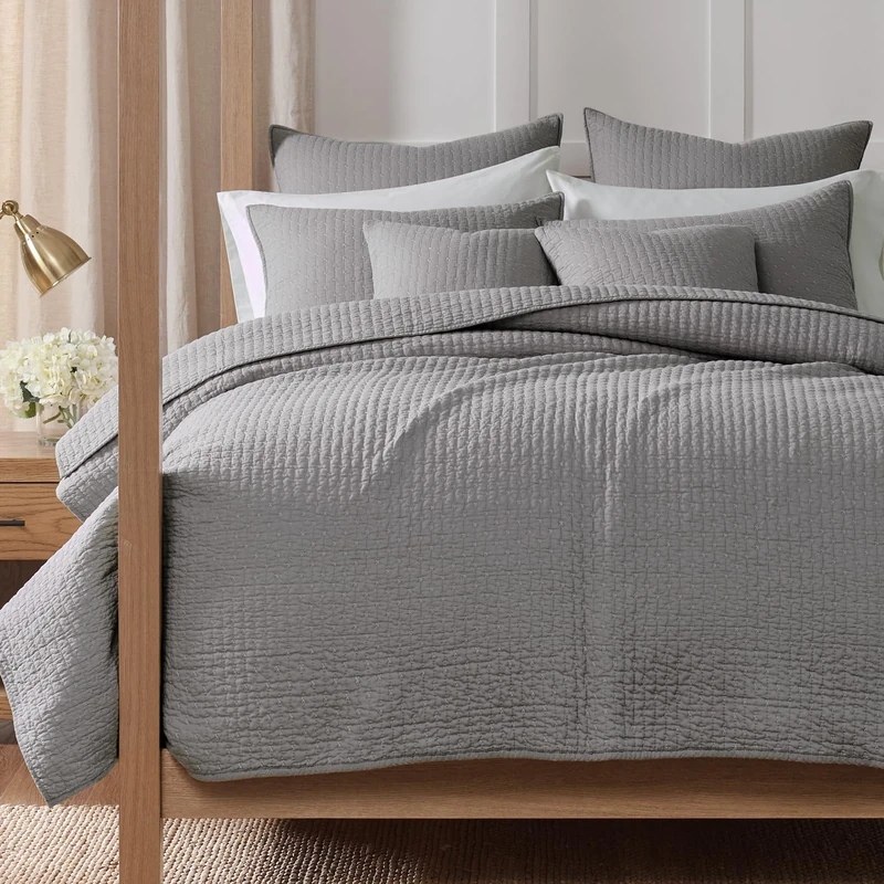Levtex Home Cross Stitch Reversible Full/Queen Quilt Set (88x92in) and 2 Pillow Shams (26x20in) - Stitch Texture - Light Grey - Cotton Full/Queen Size Quilt Bedding Set - Lightweight, Soft, Pre-Washed