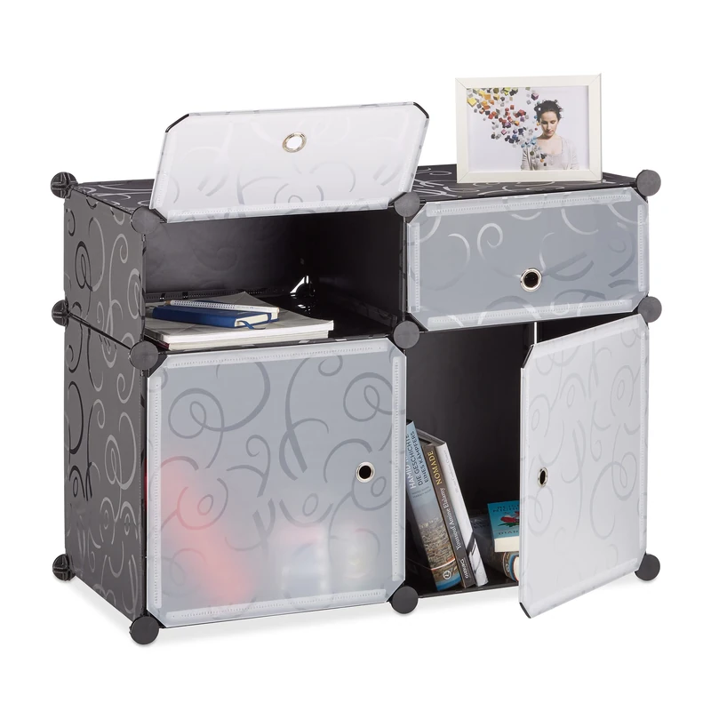 Relaxdays Shelving System 4 Compartments, Plastic Modular Shelf with Doors, Shoe Cabinet, 56 x 75 x 37 cm, Black