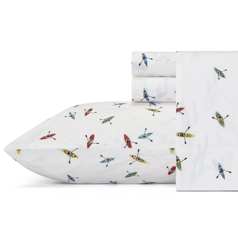 Eddie Bauer Cotton Percale Bedding Set, Crisp & Cool, Stylish Home Decor, Kayaks White/Blue/Red, Twin