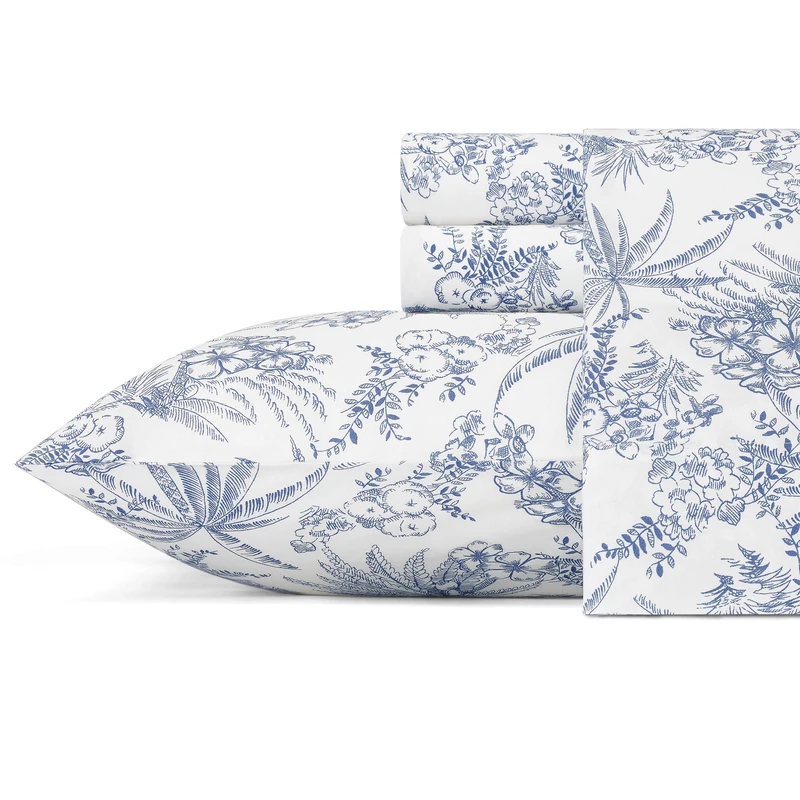 Tommy Bahama Sheet Set-100, Crisp & Cool, Lightweight & Moisture-Wicking Bedding, Cotton, Pen and Ink Palm Blue, King
