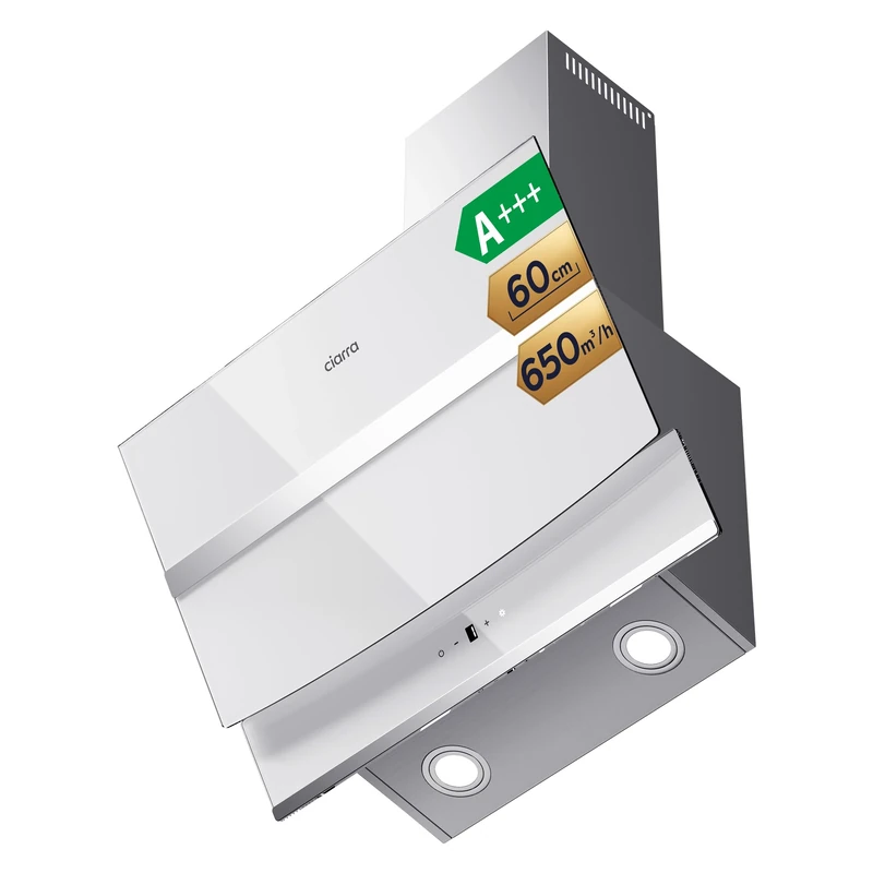 CIARRA CBCW6736N Class A+++ 650m³/h Touch Control Angled Cooker Hood 60cm with LED Lights Recirculating & Ducting Wall Mounted Range Hood 600mm Kitchen Extractor Fan