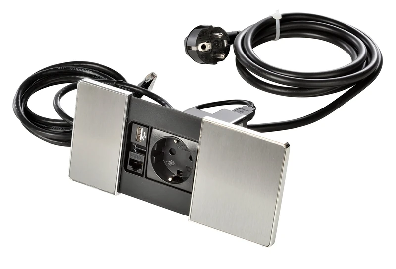 Kopp 939622018 VersaPAD recessed socket, 1 RJ45 socket CAT 6 UTP, including 2 m connection cable, IP20, 3400 W, 250 V, stainless steel