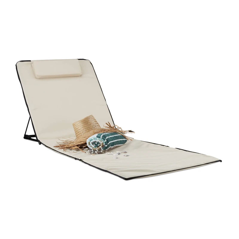 Relaxdays XXL Beach Mat, Padded Sun Lounger with Pillow Folding Recliner with Travel Bag, Beige