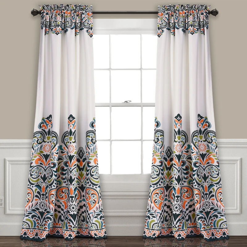Lush Decor Clara Curtains Paisley Damask Print Bohemian Style Light Filtering Window Panel Set for Living, Dining, Bedroom (Pair), 52"W x 84"L, Navy & Tangerine - Image 1