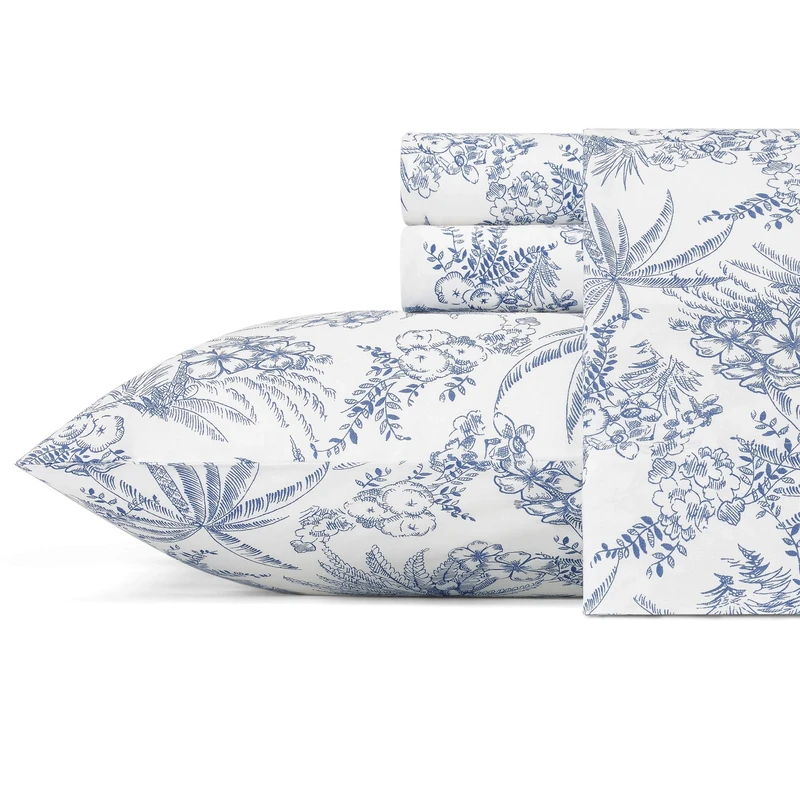 Tommy Bahama Sheet Set-100, Crisp & Cool, Lightweight & Moisture-Wicking Bedding, Cotton, Pen and Ink Palm Blue, Queen