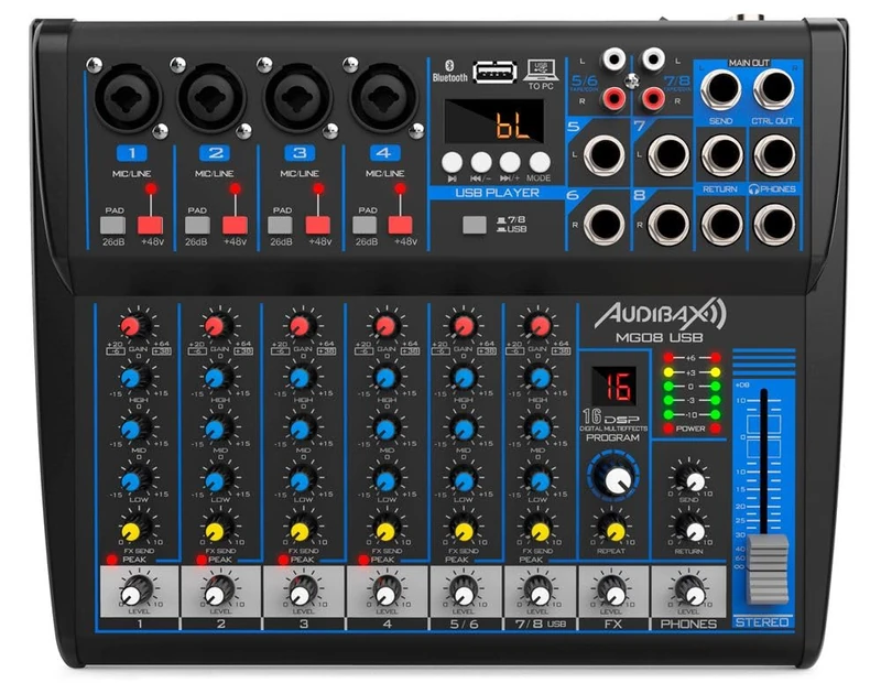 Audibax MG08 USB Mesa Mezclas 8 Channels Con Bluetooth, MP3, USB Rec y Efectos