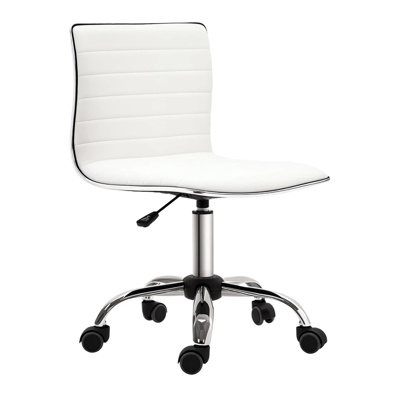 HOMCOM Armless Task Desk Chair, Swivel Office Chair with Faux Leather, Adjustable Seat Height, Chrome Base, Wheels for Home, White