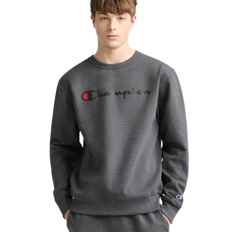 Champion Men's Graphic Powerblend Fleece Crew Sweatshirt, Granite Heather Script, Medium